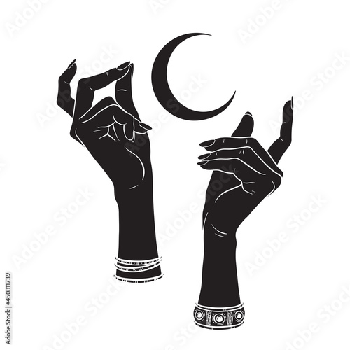 Hand drawn female witch hands holding crescent moon. Flash tattoo, sticker, patch or print design vector illustration.