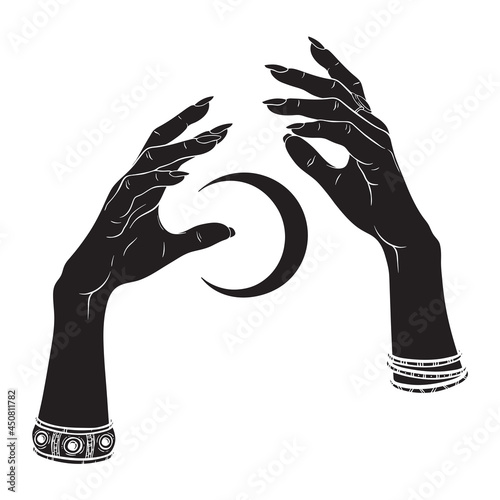 Hand drawn female witch hands holding crescent moon. Flash tattoo, sticker, patch or print design vector illustration.