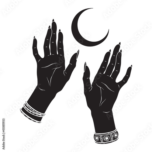 Hand drawn female witch hands holding crescent moon. Flash tattoo, sticker, patch or print design vector illustration.
