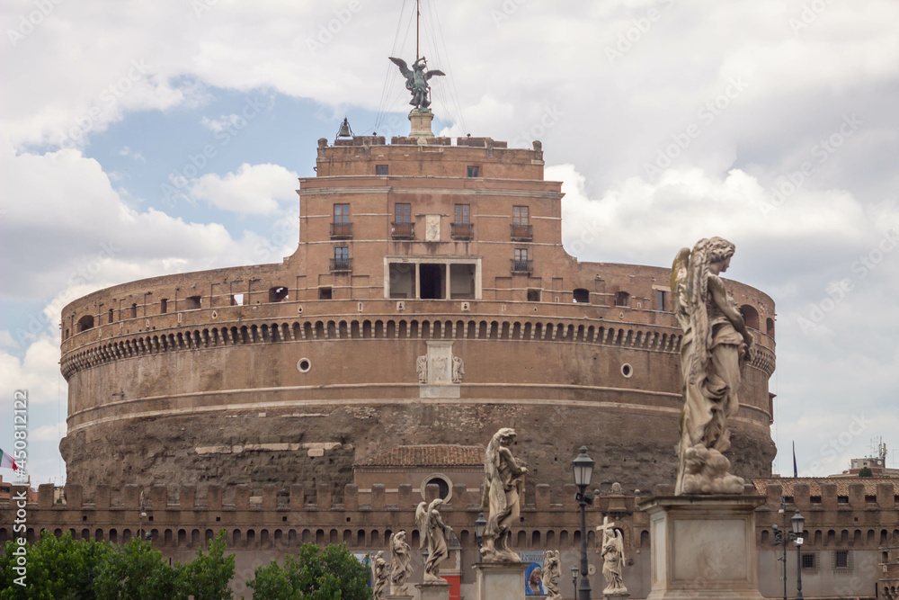 Cityscape of Castel Sant'Angelo on cloudy day ,Circular, 2nd-century castle housing furniture and paintings collections in Renaissance apartments.