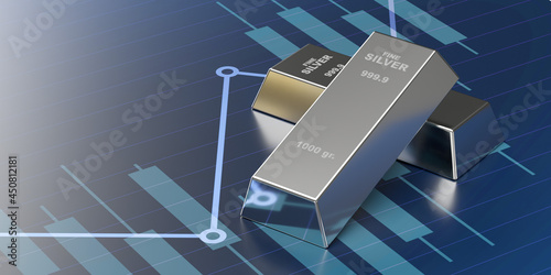 Investment, banking, business concept: 3d render silver ingot bars. Economy and finance line chart surface. Treasure blocks. Profit in stock markets. Data diagram visualizing global economy exchanges