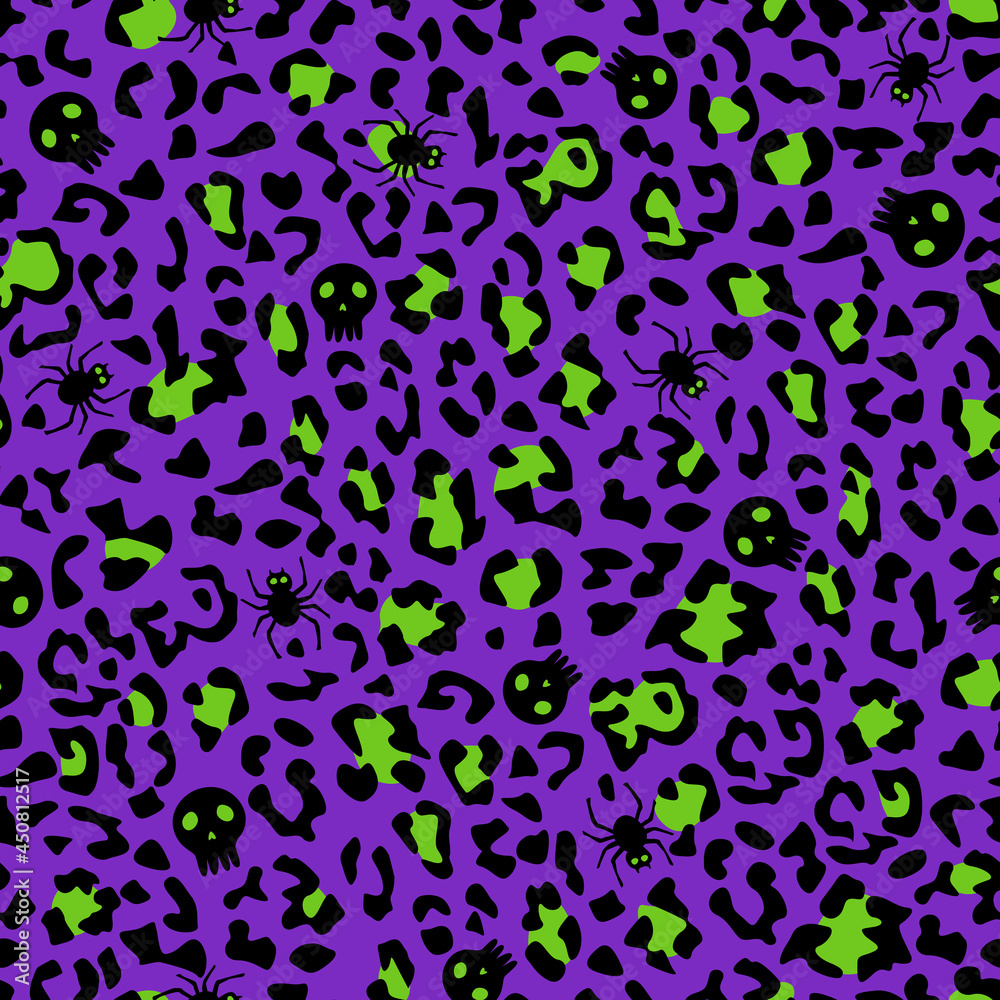 Halloween Leopard Pattern with Skulls and Spiders