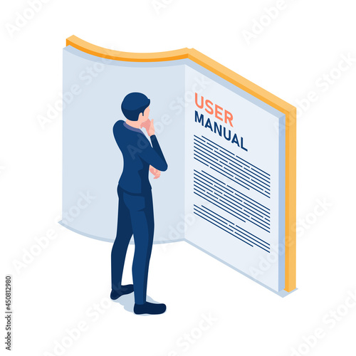 Isometric Businessman Reading User Manual