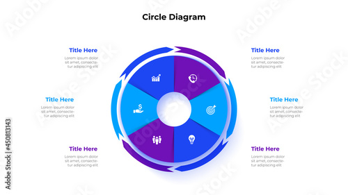 Circle divided into six parts with arrows around. Template for cycle business presentation. Vector infographic design illustration with 6 options