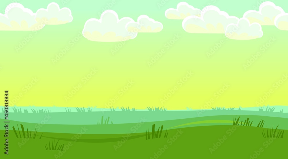 Obraz premium Silhouette of the grass. Summer green meadow. Rural simple and cute landscape. Cartoon design. Seamless image. Horizontal natural illustration. Vector