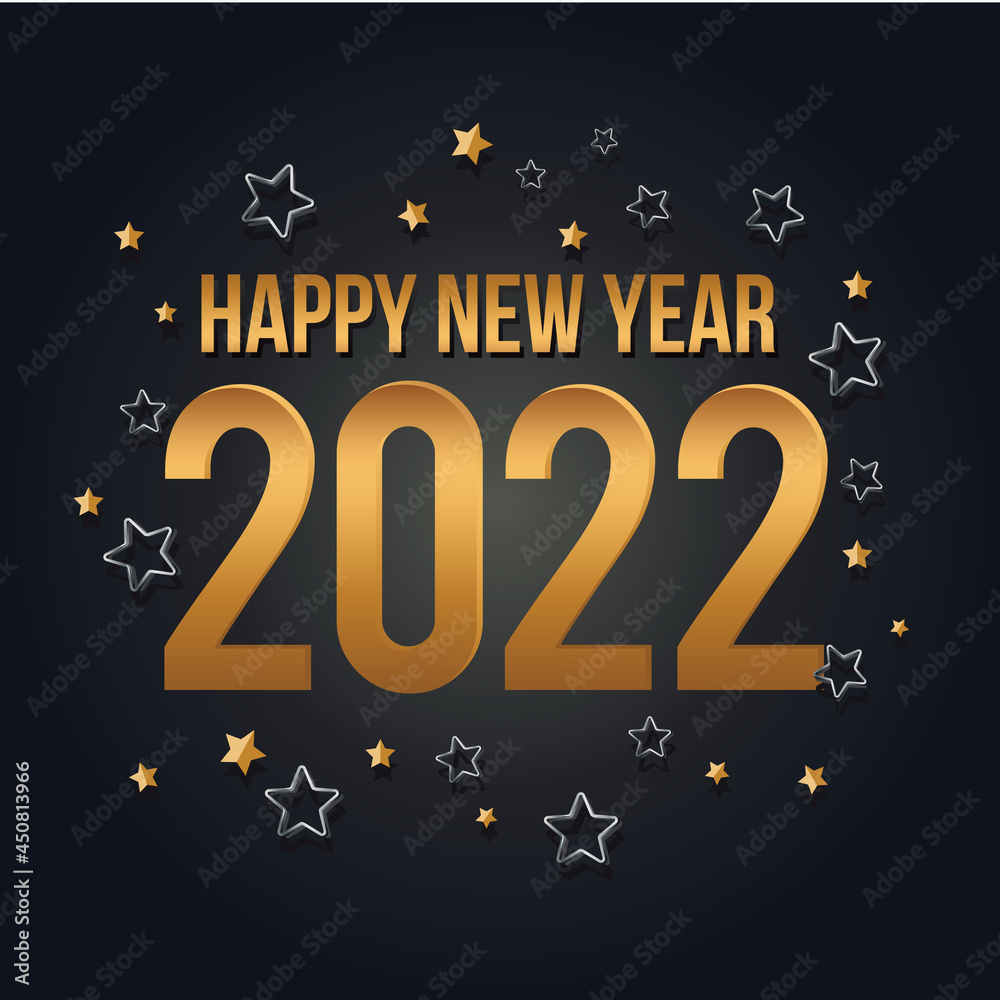 2022 Happy New Year greeting card. Gold and black celebration design. Golden luxury party template. Merry Christmas