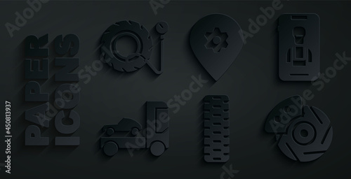 Set Car tire wheel, Online car services, transporter truck, brake disk with caliper, Location and Tire pressure gauge icon. Vector