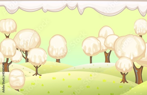 Fabulous sweet forest. Ice cream  drips of white milk cream. Sky. Trees with chocolate trunks. Cute hilly landscape for children. Beautiful fantastic illustration. Vector