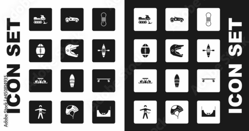 Set Climber rope, Motocross motorcycle helmet, Rugby ball, Snowmobile, Kayak canoe, Vintage sport racing car, Longboard skateboard and Formula 1 icon. Vector