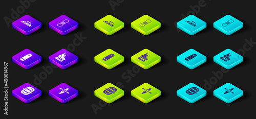 Set Rafting boat, Kayak or canoe, Skateboard trick, Skates, Climber rope and Formula 1 racing car icon. Vector