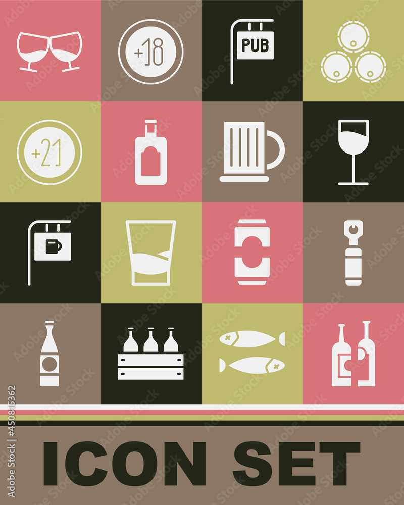 Set Bottles of wine, opener, Wine glass, Street signboard with Pub, Whiskey bottle, Alcohol 21 plus, Glass cognac or brandy and Wooden beer mug icon. Vector Set Bottles of wine, opener, Wine glass, Street signboard with Pub, Whiskey bottle, Alcohol 21 plus, Glass cognac or brandy and Wooden beer mug icon. Vector