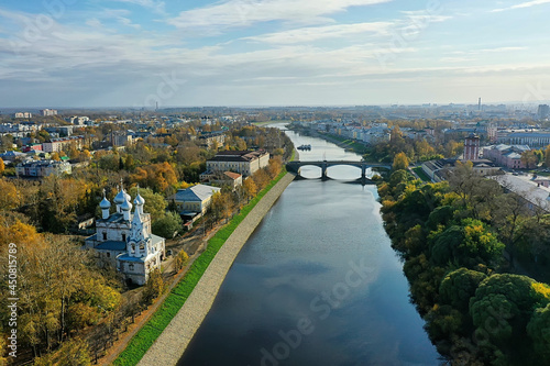 autumn vologda kremlin, drone top view, russia religion christian church