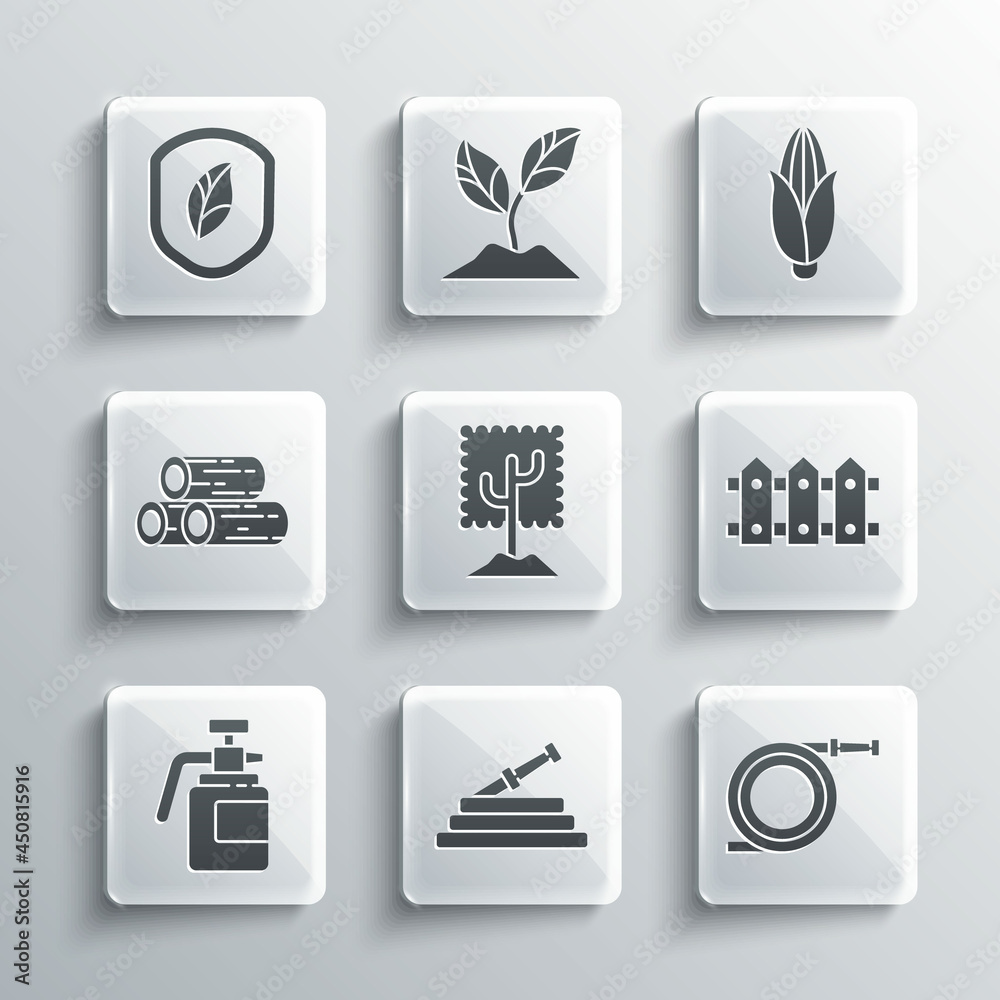 Set Garden hose or fire hose, fence wooden, Tree, sprayer for fertilizer, Wooden logs, Shield with leaf and Corn icon. Vector Set Garden hose or fire hose, fence wooden, Tree, sprayer for fertilizer, Wooden logs, Shield with leaf and Corn icon. Vector
