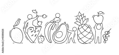 Cartoon people characters with many fruits.