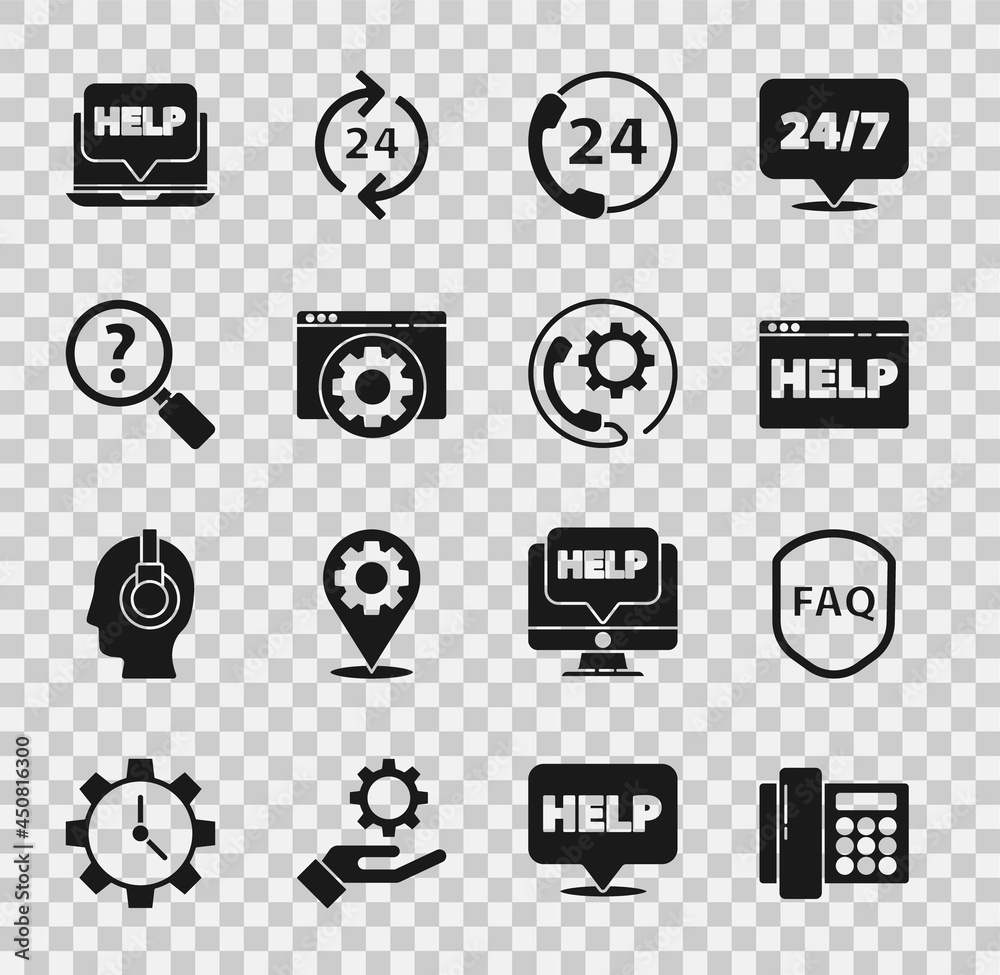 Set Telephone, Shield with text FAQ, Browser help, 24 hours support, setting, Unknown search, Laptop and and icon. Vector Set Telephone, Shield with text FAQ, Browser help, 24 hours support, setting, Unknown search, Laptop and and icon. Vector