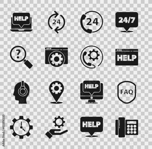 Set Telephone, Shield with text FAQ, Browser help, 24 hours support, setting, Unknown search, Laptop and and icon. Vector