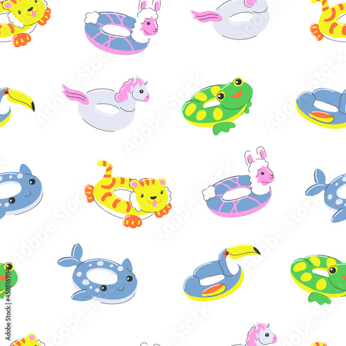 inflatable rubber swimming ring seamless pattern. summer water beach toy. circle in form of a frog, unicorn, alpaca, llama, tiger, toucan and whale. stock vector illustration in cartoon flat style.