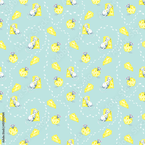 A seamless watercolor pattern with the image of mice and cheese.It can be used for children's fabrics,paper, wallpaper