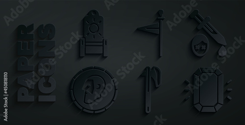 Set Medieval axe, Sword with blood, Ancient coin, Diamond, flag and throne icon. Vector