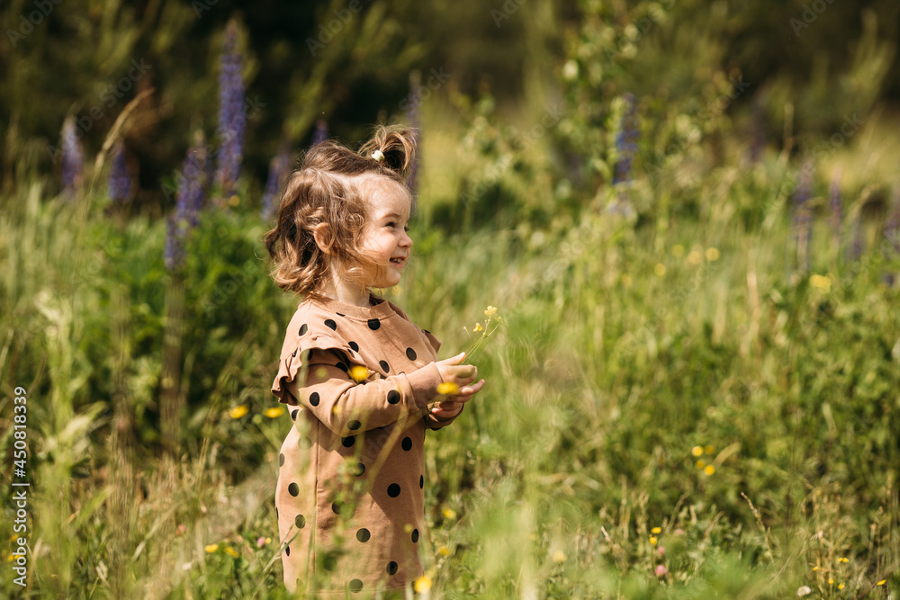 A little girl in a brown dress, laughing, runs across the field A little girl in a brown dress, laughing, runs across the field