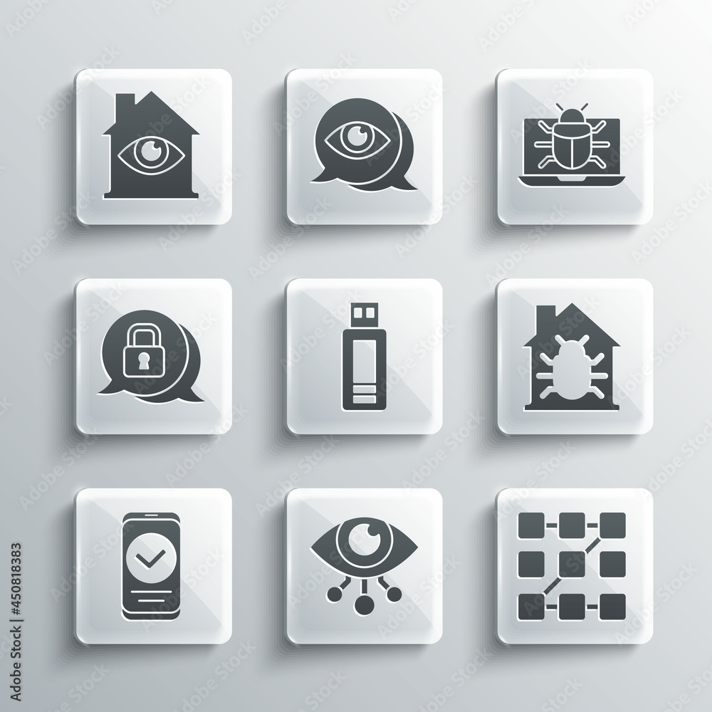 Set Eye scan, Graphic password protection, House system bug, USB flash drive, Smartphone, Cyber security, with eye and System monitor icon. Vector Set Eye scan, Graphic password protection, House system bug, USB flash drive, Smartphone, Cyber security, with eye and System monitor icon. Vector