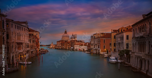 Sunset sky scene at Grand Canal and Basilica Santa Maria della Salute in Venice,Italy