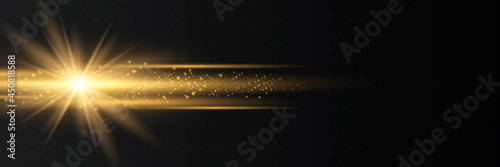Yellow horizontal lens flares pack. Laser beams, horizontal light rays. Beautiful light flares. Glowing streaks on dark background. Luminous abstract sparkling lined background.