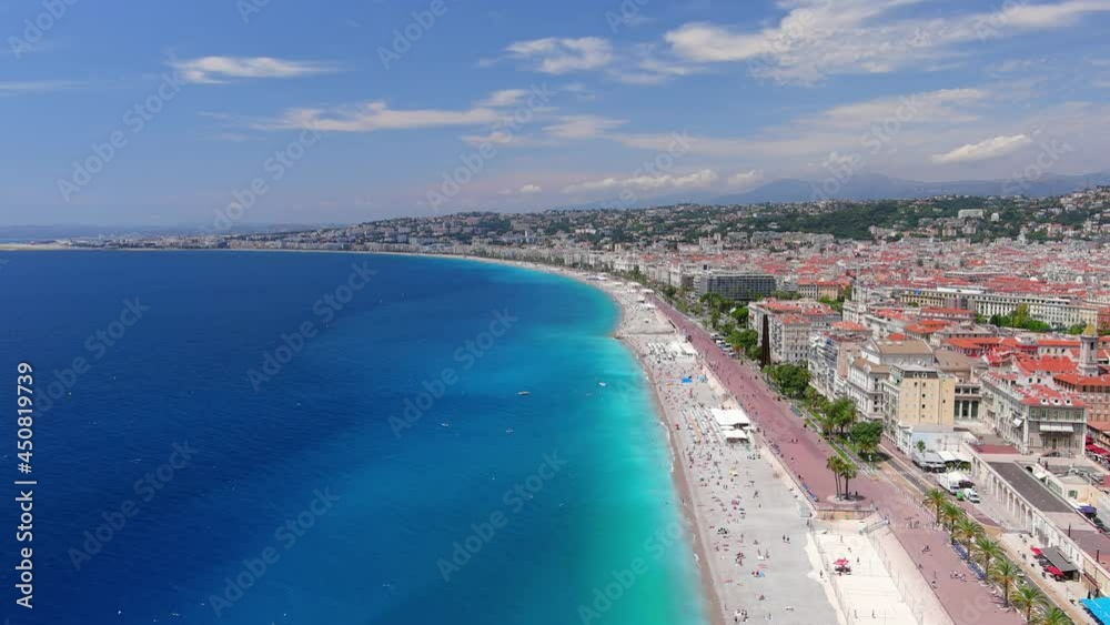 Nice: Aerial view of city in France, beach and blue waters of Mediterranean Sea - landscape panorama of Europe from above