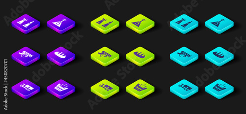 Set Tanker truck, Sauna bucket, Cannon, Bread loaf, Balalaika and Chess icon. Vector