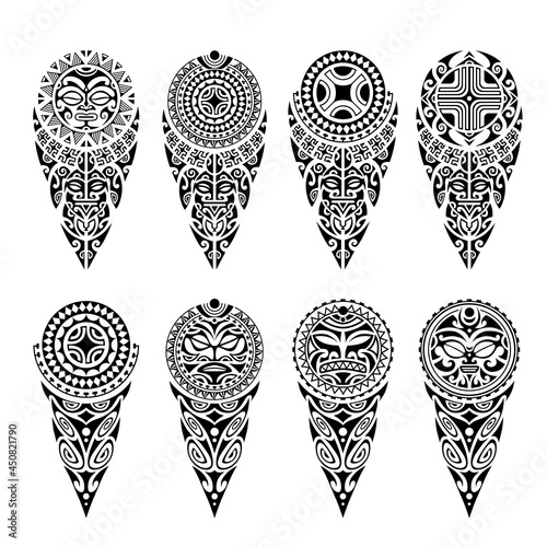 Set of tattoo sketch maori style for leg or shoulder. With turtle, sun face, mask, swastika.
