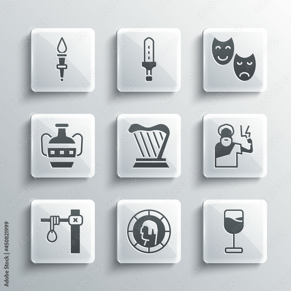Set Ancient Greek coin, Wine glass, Zeus, Harp, Gallows, amphorae, Torch flame and Comedy and tragedy masks icon. Vector Set Ancient Greek coin, Wine glass, Zeus, Harp, Gallows, amphorae, Torch flame and Comedy and tragedy masks icon. Vector