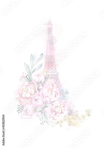 Print with Eiffel tower and watercolor peonies. For card, poster, invitation, banner, flyer. Hand drawn illustration