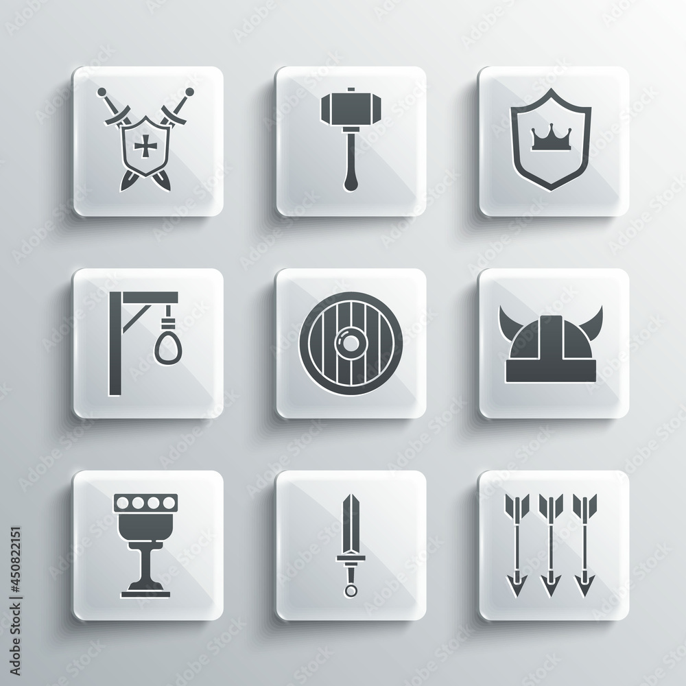 Set Medieval sword, Crossed arrows, Viking in horned helmet, Round wooden shield, goblet, Gallows, with swords and Shield crown icon. Vector Set Medieval sword, Crossed arrows, Viking in horned helmet, Round wooden shield, goblet, Gallows, with swords and Shield crown icon. Vector