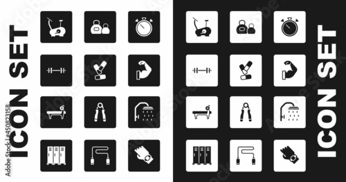 Set Stopwatch, Vitamin pill, Barbell, Stationary bicycle, Bodybuilder muscle, Kettlebell, Shower head and Bench with barbel icon. Vector