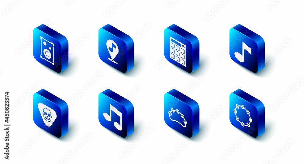 Set Location musical note, Drum machine, Music tone, Tambourine, Guitar pick and Stereo speaker icon. Vector Set Location musical note, Drum machine, Music tone, Tambourine, Guitar pick and Stereo speaker icon. Vector