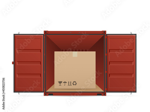 Open shipping cargo container with box