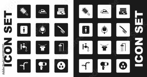 Set Towel stack, Toilet urinal or pissoir, Male toilet, Hairbrush, Electric iron, Shower and Water tap icon. Vector