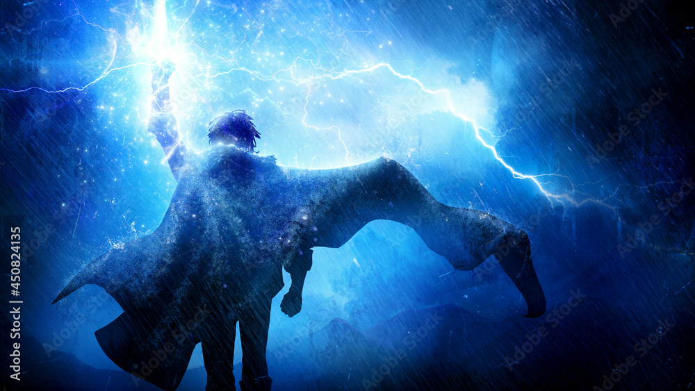 Fototapeta premium The silhouette of a fantasy hero with a long cloak fluttering in the wind, he confidently goes forward raising his fist up, which is hit by bright lightning, torrential rain pours on him 2d art