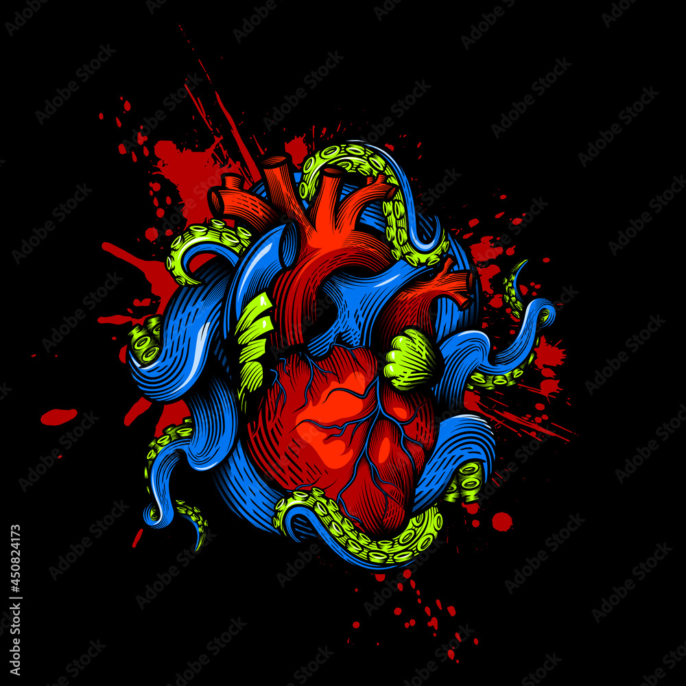 Human heart with tentacles design. Hand drawn vector illustration of octopus tentacles embracing anatomical human heart in engraving technique with red paint splash isolated on black.  