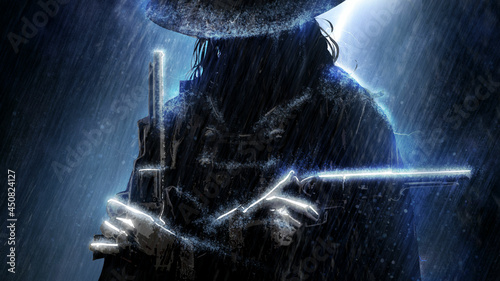 Fotografie A black silhouette of a sinister cowboy in a hat with long hair and two crossed