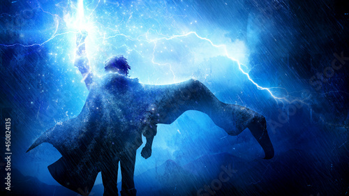 The silhouette of a fantasy hero with a long cloak fluttering in the wind, he confidently goes forward raising his fist up, which is hit by bright lightning, torrential rain pours on him 2d art photo