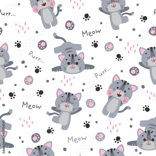 Seamless pattern with cute gray cat, kitty, kitten with black stripes, paws, word meow, purr on white background. Vector illustration, print for packaging, fabrics, wallpapers, textiles.