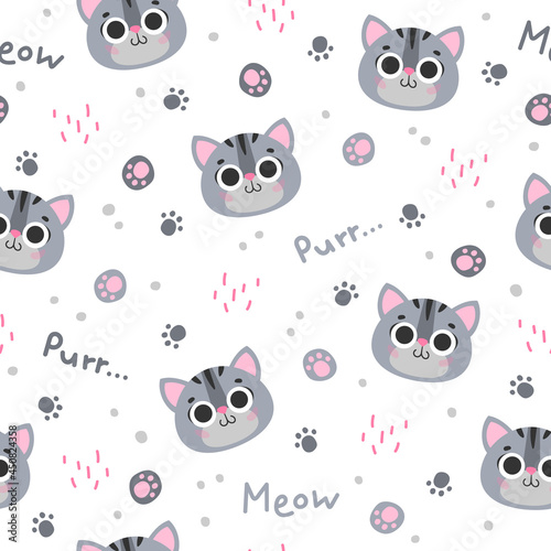 Seamless pattern with cute gray cat, kitty, kitten with black stripes, paws, word meow, purr on white background. Vector illustration, print for packaging, fabrics, wallpapers, textiles.