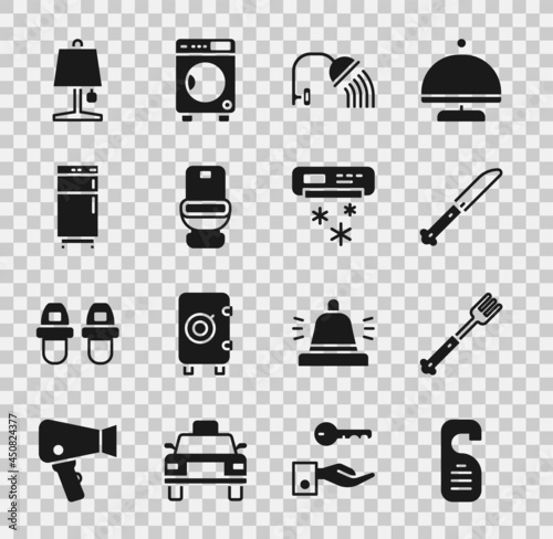 Set Please do not disturb, Fork, Knife, Shower head, Toilet bowl, Refrigerator, Table lamp and Air conditioner icon. Vector