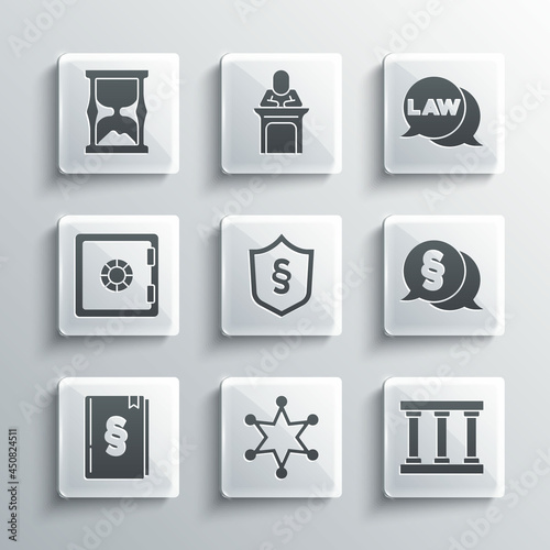 Set Hexagram sheriff, Prison window, Law, Justice law shield, book, Safe, Old hourglass and icon. Vector