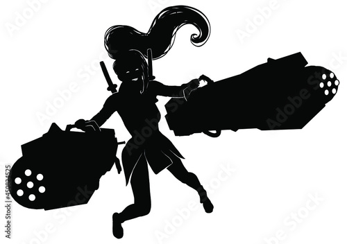 The silhouette of a crazy and cheerful girl with two machine guns shoots in all directions, she has long hair and a sexy body, two katanas behind her back. 2d black and white illustration
