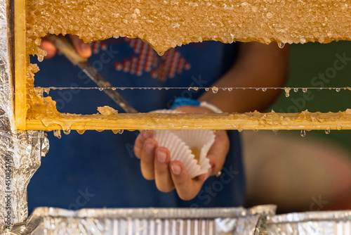 Child giving a sample of sweet honey straight from the beehive. You can see drops of honey dripping.