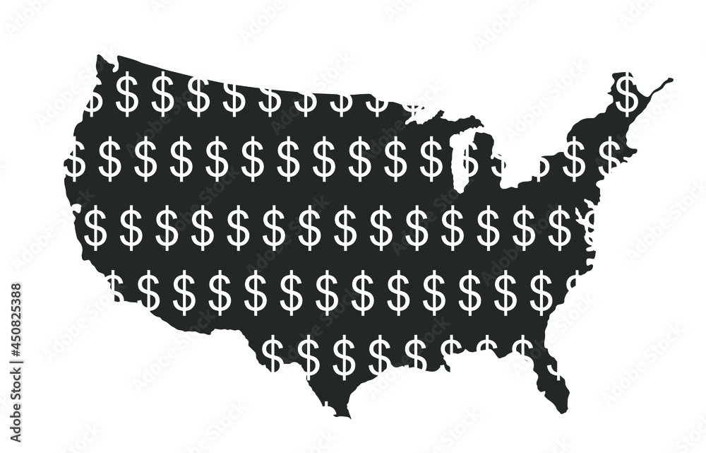Dollar sign shameless over USA map vector silhouette illustration isolated on white. United States of America map with dollar symbol. Strong and powerful economy profit. Trust and credibility currency