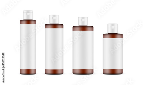 Set of Various Sizes Amber Cosmetic Bottles Mockups with Labels Isolated on White Background. Vector Illustration
