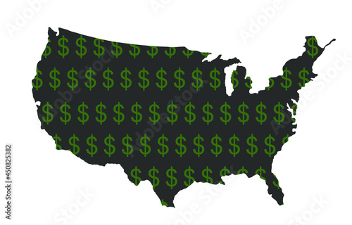 Dollar sign shameless over USA map vector silhouette illustration isolated on white. United States of America map with dollar symbol. Strong and powerful economy profit. Trust and credibility currency
